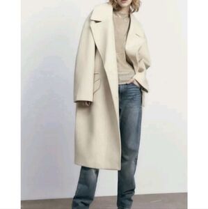 ZARA Long‎ Line Dress Coat Snap Buttons Cream Womens Size XXL Classic Overcoat